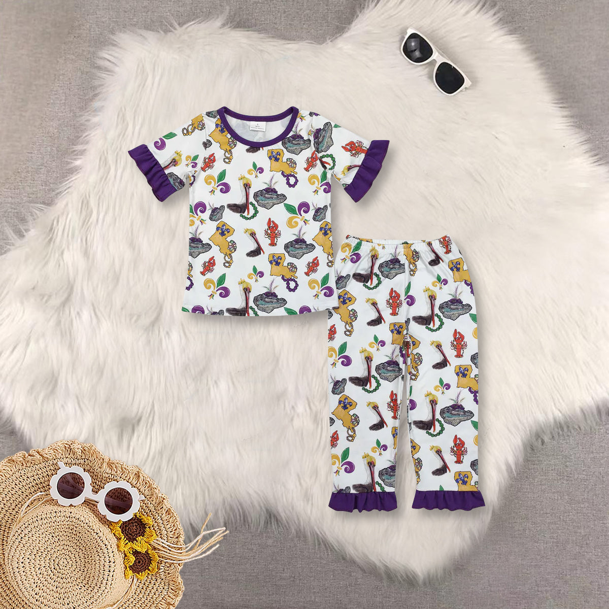 RTS NO MOQ Sibling baby Girls Boys Mardi gras short sleeve pants sets 2