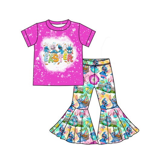 NO MOQ sales GSPO1926 Pre-order baby girls clothes EASTER stitch short sleeve pants sets -2024.12.10