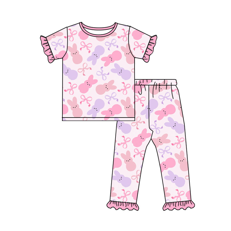 NO MOQ sales GSPO1927 Pre-order baby girls clothes easter bunny bow pink short sleeve pants sets -2024.12.10