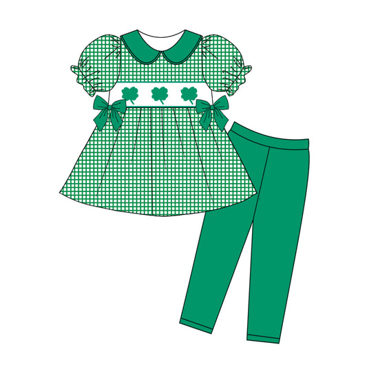 NO MOQ sales GSPO1928 Pre-order baby girls clothes green short sleeve pants sets -2024.12.11