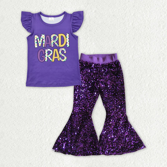 RTS NO MOQ Baby Girls Mardi Gras Outfit Set with Flutter Sleeve Top And Sequin Pants Purple Cute And Festive Children's Clothing