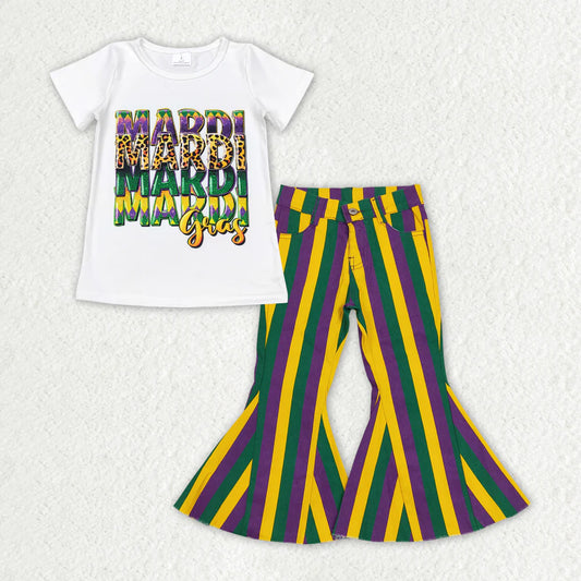 RTS NO MOQ Girls Baby Mardi Gras Outfit White Stripes Denim Jeans And Shirt Clothing Set Baby Girl's Festive Wear