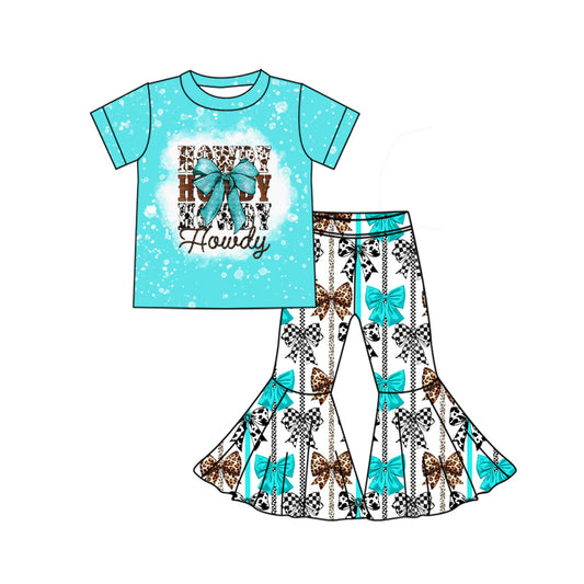 NO MOQ sales GSPO1956 Pre-order baby girls clothes HOWDY bow short sleeve pants sets -2024.12.24