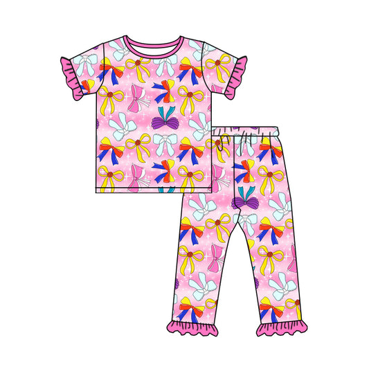 NO MOQ sales GSPO1972 Pre-order baby girls clothes bow short sleeve pants sets -2024.12.31