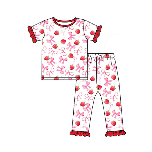 NO MOQ sales GSPO1980 Pre-order baby girls clothes strawberry bow short sleeve pants sets -2025.1.3