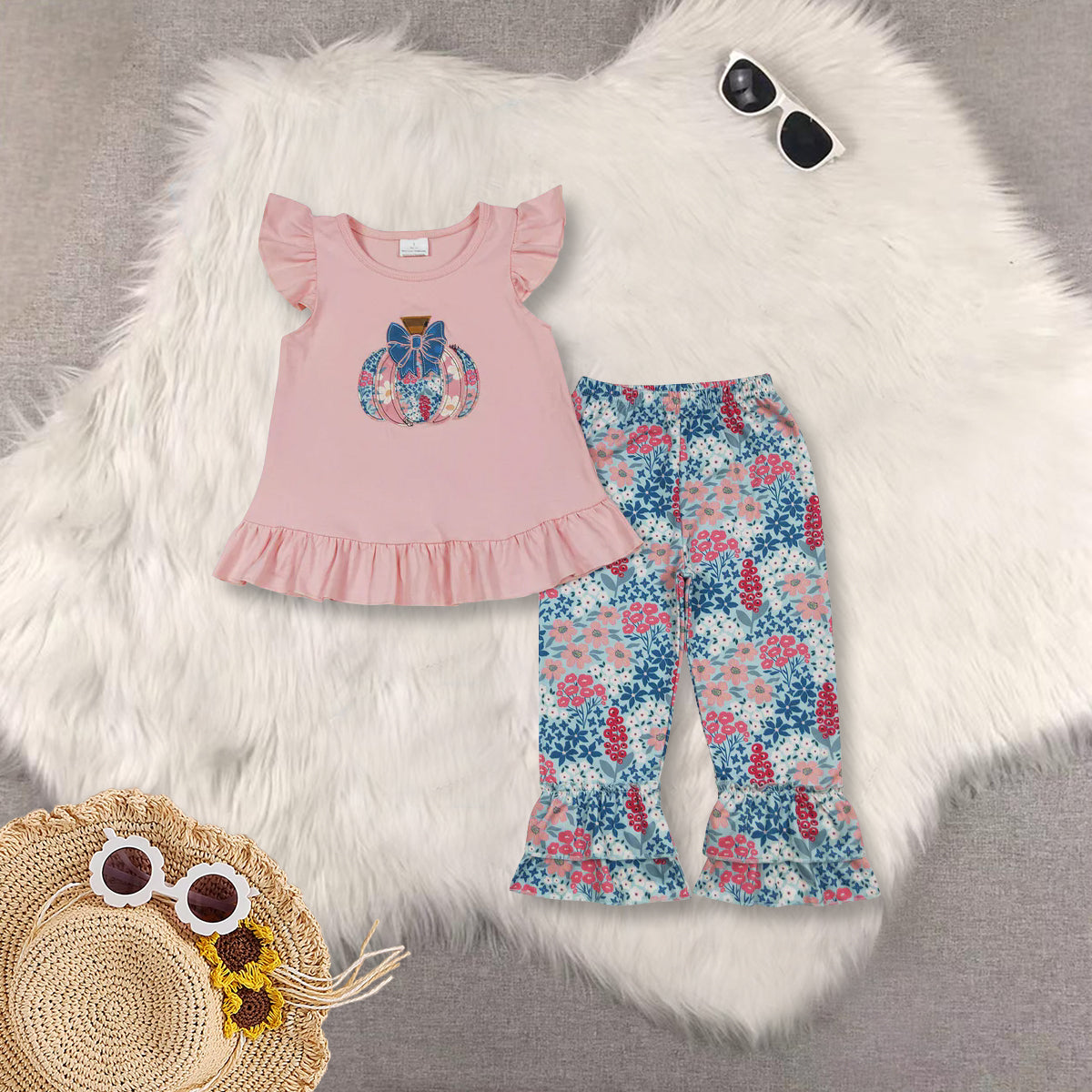 RTS NO MOQ Sibling baby Girls clothes halloween embroidery pumpkin short sleeve pants Sets dress romper