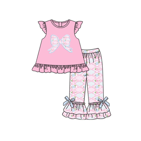 NO MOQ sales GSPO2033 Pre-order baby girls clothes floral bow pink flying sleeve pants sets -2025.5.21