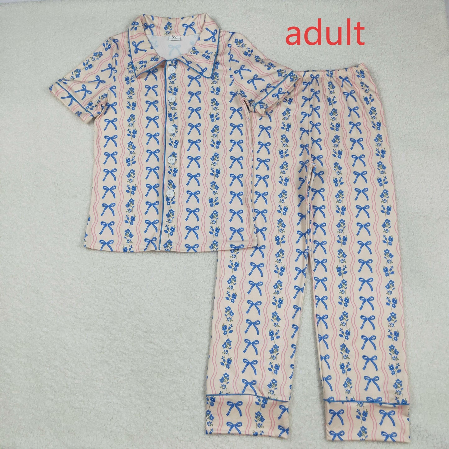 RTS NO MOQ（In Stock) GSPO2051 Adult women's short-sleeved, long-pants pajama set with floral, wavy lines, and a blue bow pattern
