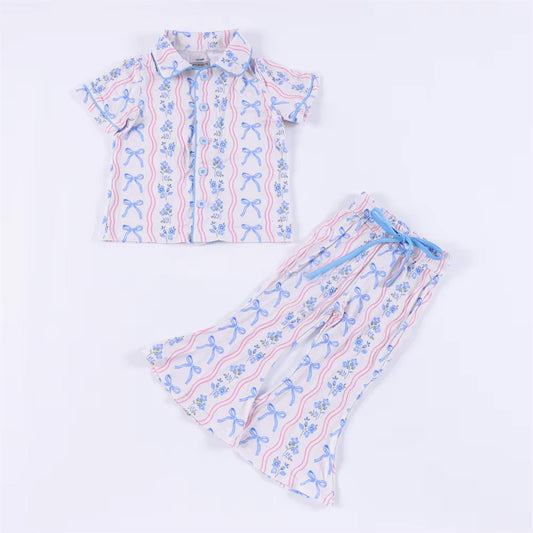 NO MOQ sales GSPO2052 Pre-order baby girl clothes floral bow blue short sleeve pants sets -2025.6.14