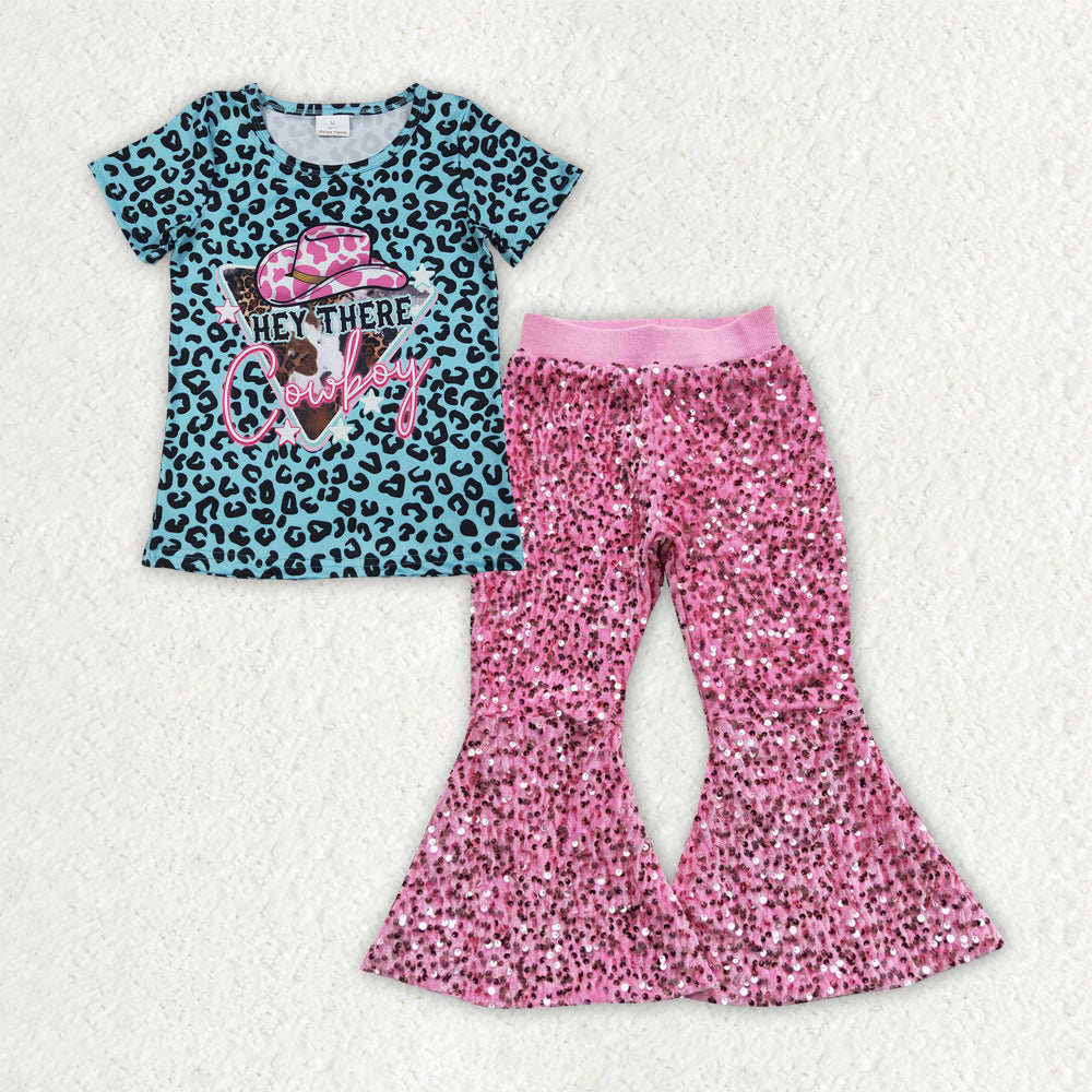 RTS NO MOQ GT0934+D5-27 cowboy hat leopard print blue short-sleeved top Rose sequin flared pants sets-GSPO2053