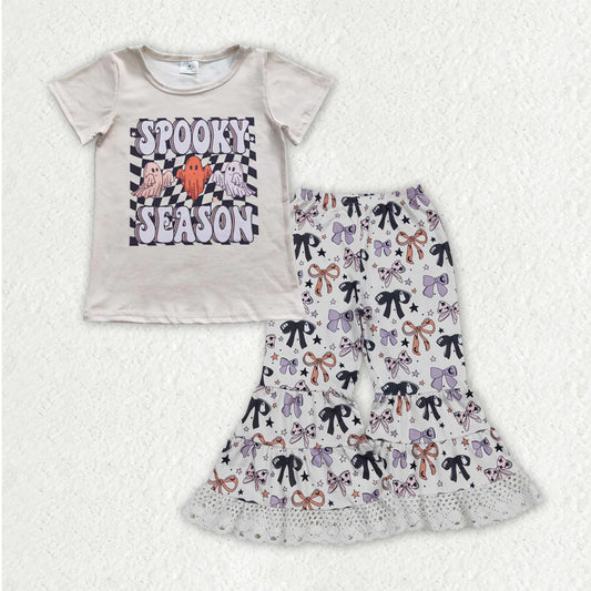 RTS NO MOQ Baby Girls Spooky Ghosts Halloween Outfit Set with Lace Bells Bottoms And Bow-Topped Top for Infant Girls
