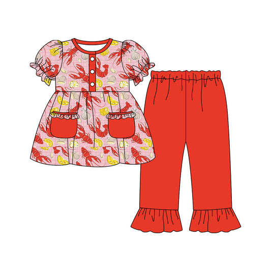 (Pre Order) No moq GSPO2073 Pre-order baby girl clothes lobster red short sleeve pants sets -2025.9.15