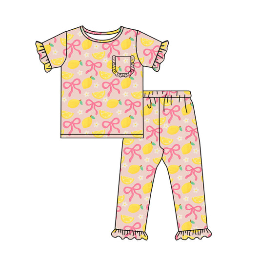 (Pre Order) No moq GSPO2074 Pre-order baby girl clothes lemon bow short sleeve pants sets -2025.9.15