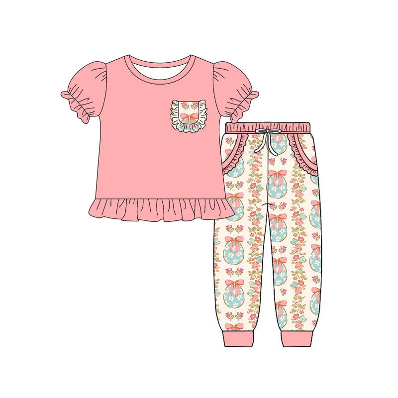 (Pre Order) No moq GSPO2075 Pre-order baby girl clothes floral bow short sleeve pants sets -2025.9.15
