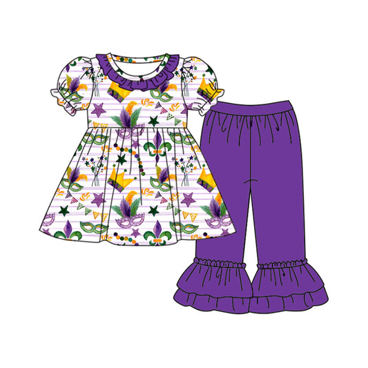 (Pre Order) No moq GSPO2076 Pre-order baby girl clothes mardi gras purple short sleeve pants sets -2025.9.15