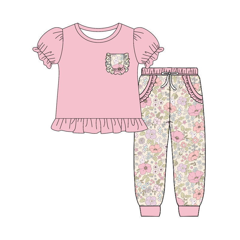 (Pre Order) No moq GSPO2077 Pre-order baby girl clothes floral short sleeve pants sets -2025.9.16