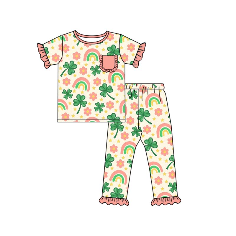 (Pre Order) No moq GSPO2079 Pre-order baby girl clothes floral rainbow bow short sleeve pants sets -2025.9.16