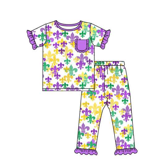 (Pre Order) No moq GSPO2080 Pre-order baby girl clothes mardi gras purple short sleeve pants sets -2025.9.17