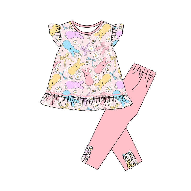 (Pre Order) No moq GSPO2081 Pre-order baby girl clothes easter rabbit pink flying sleeve pants sets -2025.9.17