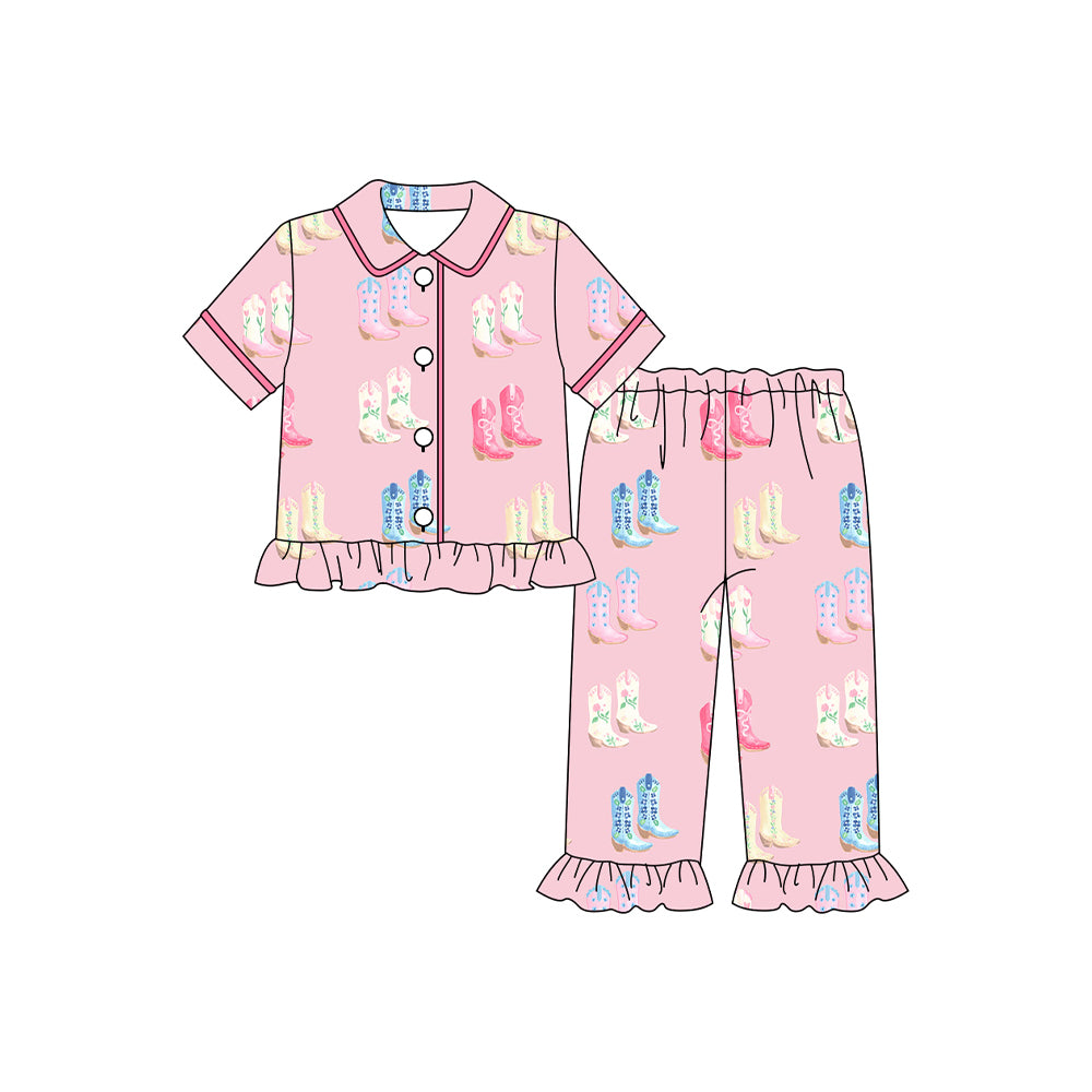 (Pre Order) No moq GSPO2082 Pre-order baby girl clothes boot pink short sleeve pants sets -2025.9.17