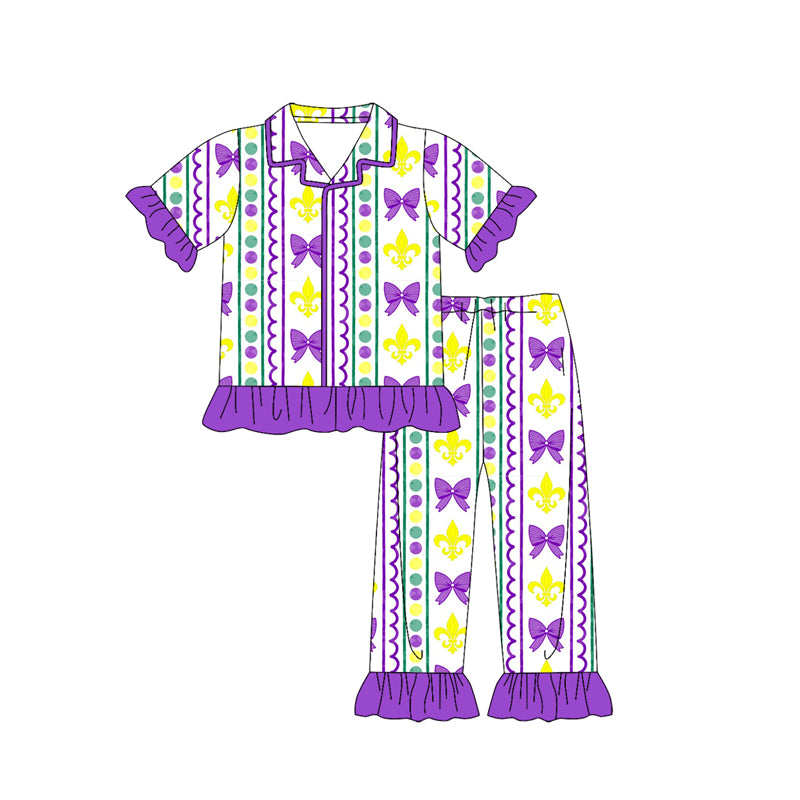(Pre Order) No moq GSPO2085 Pre-order baby girl clothes mardi gras bow short sleeve pants sets -2025.9.18