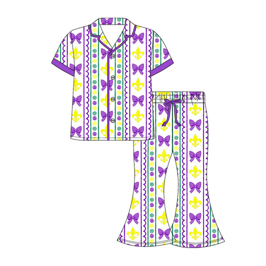 (Pre Order) No moq GSPO2086 Pre-order adult clothes mardi gras bow short sleeve pant set-25.9.18