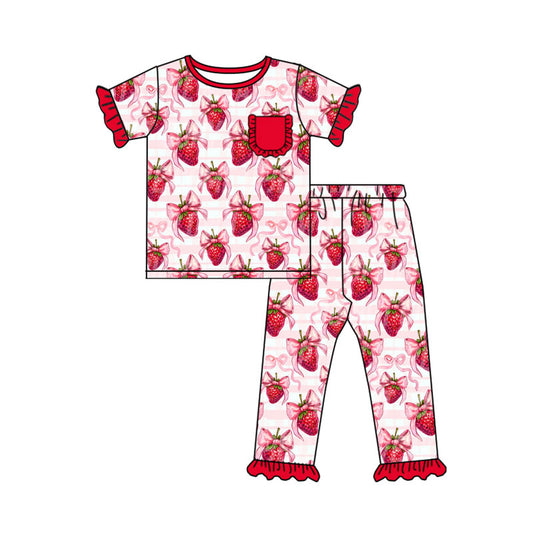 (Pre Order) No moq GSPO2089 Pre-order baby girl clothes strawberry bow short sleeve pants sets -2025.9.23