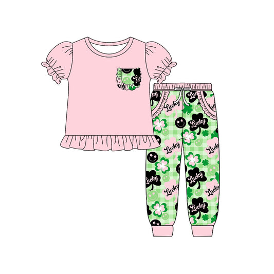 (Pre Order) No moq GSPO2090 Pre-order baby girl clothes lucky short sleeve pants sets -2025.9.25
