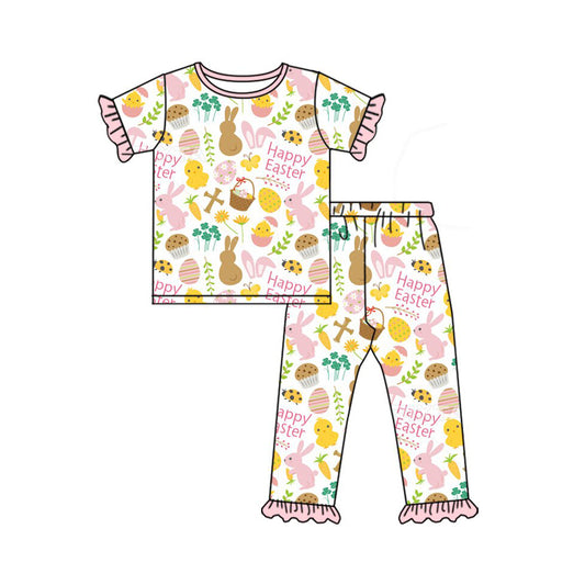 (Pre Order) No moq GSPO2092 Pre-order baby girl clothes easter bunny short sleeve pants sets -2025.9.25