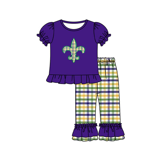 (Pre Order) No moq GSPO2093 Pre-order baby girl clothes mardi gras purple short sleeve pants sets -2025.9.25