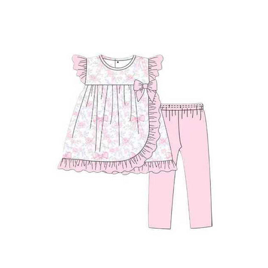 (Pre Order) No moq GSPO2119 Pre-order baby girl clothes bow floral flying sleeve pants sets -2025.10.11