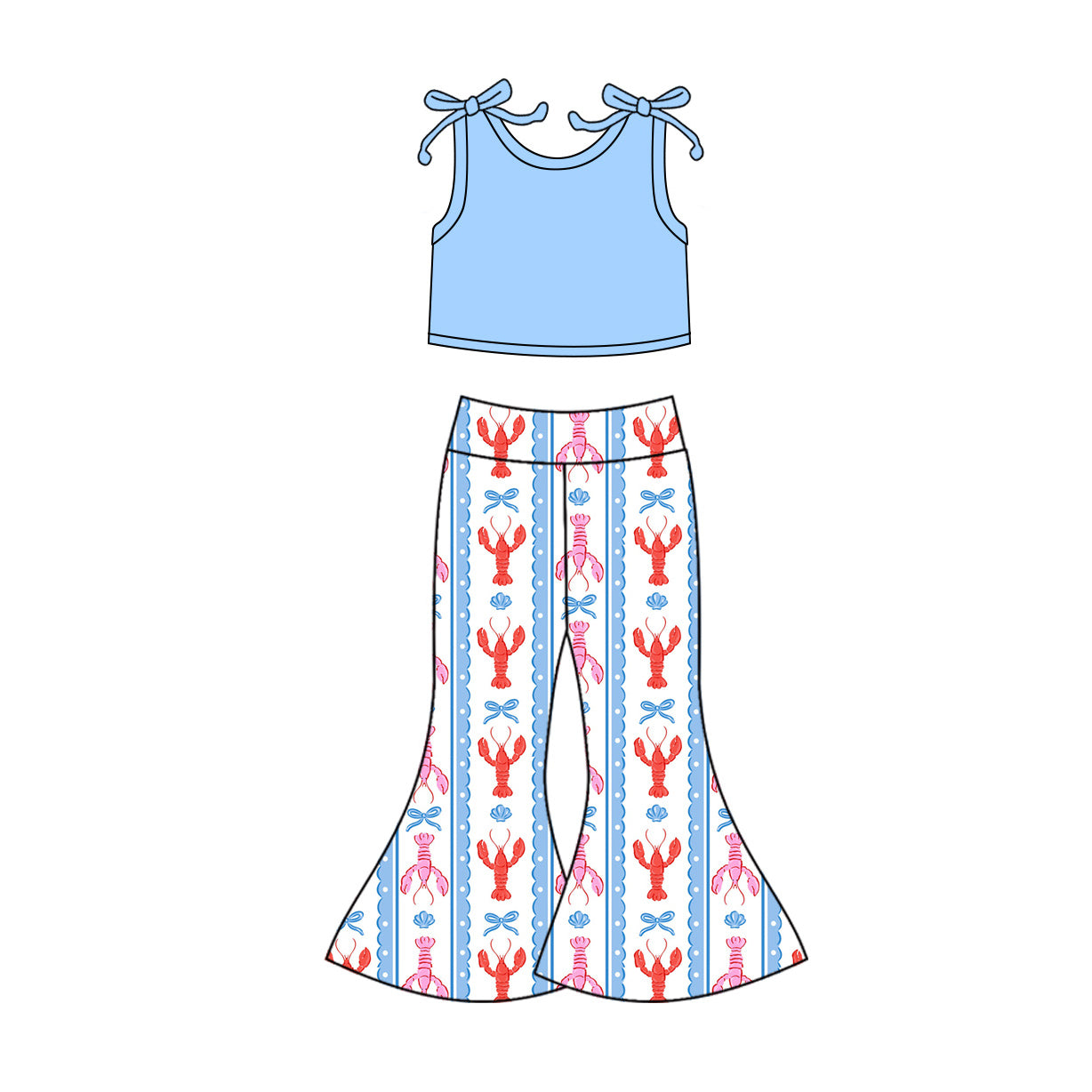 (Pre Order) No moq GSPO2123 Pre-order baby girl clothes lobster bow blue sleeveless pants sets -2025.10.14