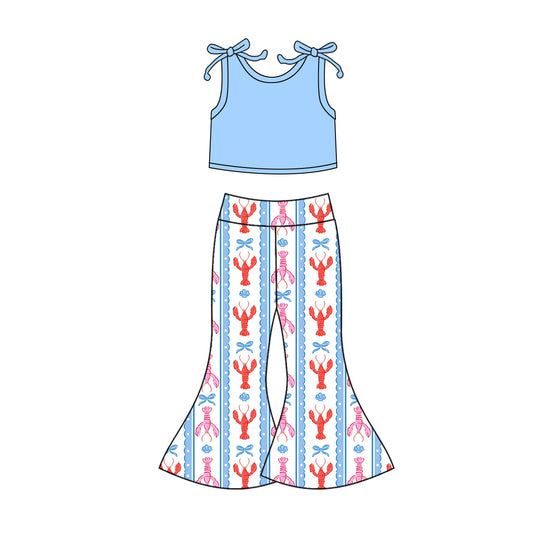(Pre Order) No moq GSPO2123 Pre-order baby girl clothes lobster bow blue sleeveless pants sets -2025.10.14