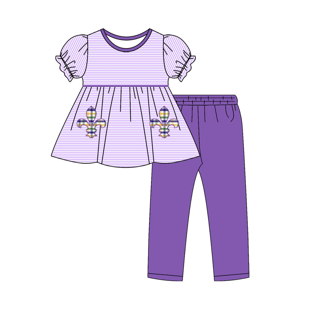 (Pre Order) No moq GSPO2143 Pre-order baby girl clothes mardi gras purple short sleeve pants sets-2025.10.23