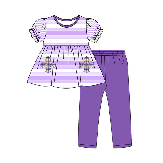(Pre Order) No moq GSPO2143 Pre-order baby girl clothes mardi gras purple short sleeve pants sets-2025.10.23