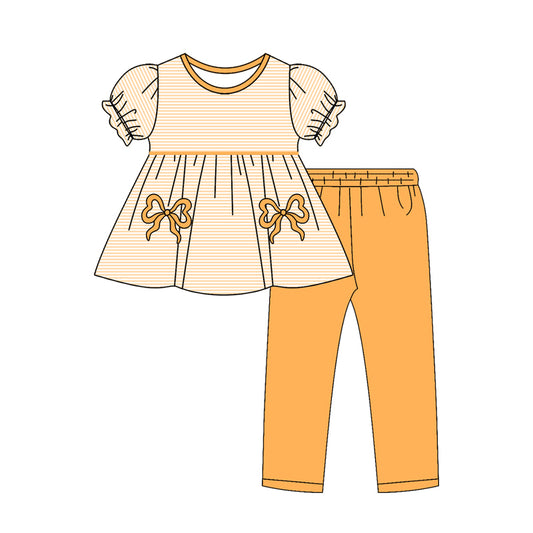 (Pre Order) No moq GSPO2152 Pre-order baby girl clothes bow orange short sleeve pants sets-2025.10.25