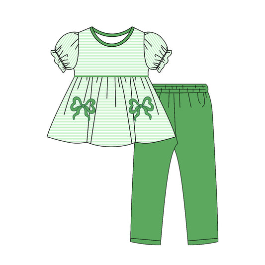 (Pre Order) No moq GSPO2154 Pre-order baby girl clothes bow green short sleeve pants sets-2025.10.25
