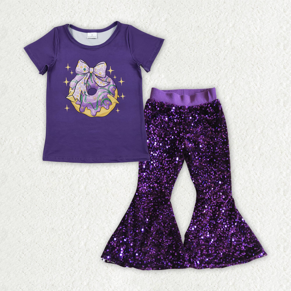 RTS NO MOQ（In Stock) GSPO2158 mardi gras bow short-sleeved top purple sequined pants set-GT1252+P0032