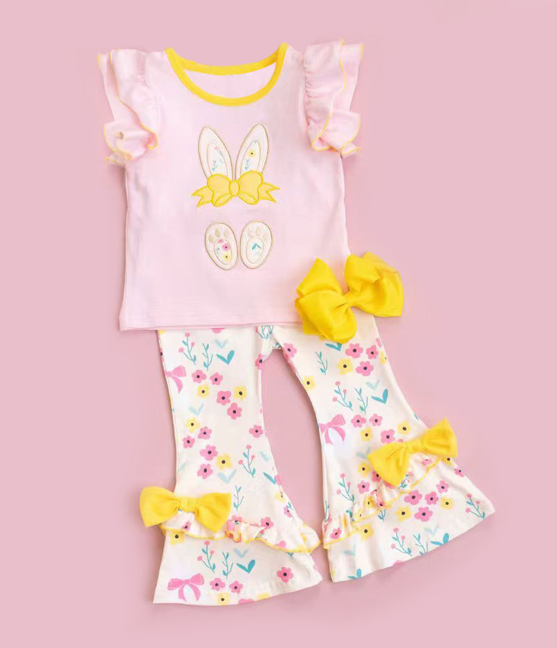 (Pre Order) No moq GSPO2170 Pre-order baby girl clothes bunny floral flying sleeve pants sets-2025.10.30