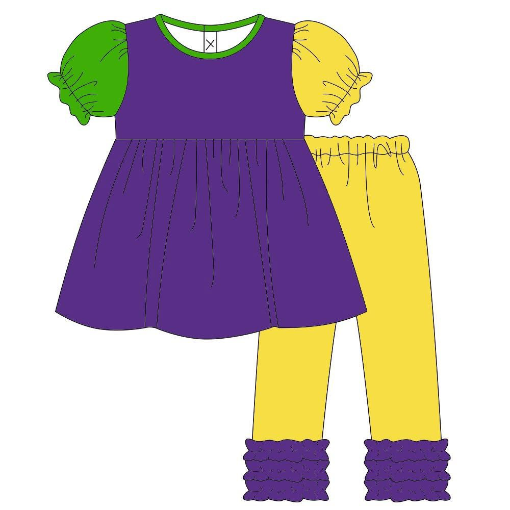 (Pre Order) No moq GSPO2197 Pre-order baby girl clothes mardi gras short sleeve pants sets-2025.11.11
