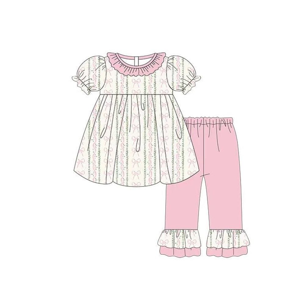 (Pre Order) No moq GSPO2218 Pre-order baby girl clothes floral bow short sleeve pants sets-2025.11.24