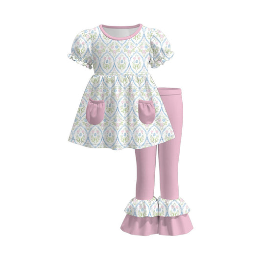 (Pre Order) No moq GSPO2219 Pre-order baby girl clothe bow floral short sleeve pants sets-2025.11.25