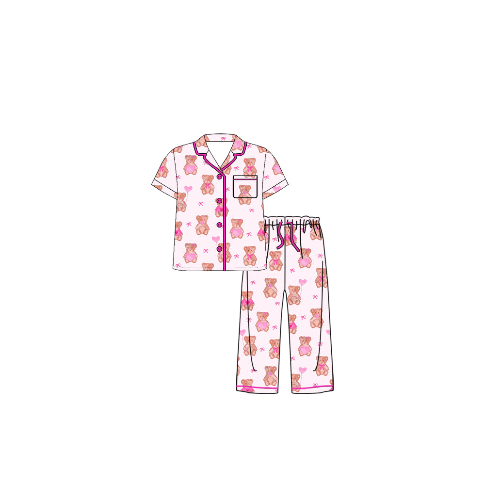 (Pre Order) No moq Pre-order baby girl clothe bear bow love short sleeve pants sets-2025.11.27