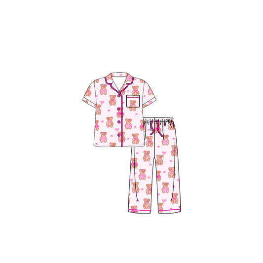 (Pre Order) No moq Pre-order baby girl clothe bear bow love short sleeve pants sets-2025.11.27