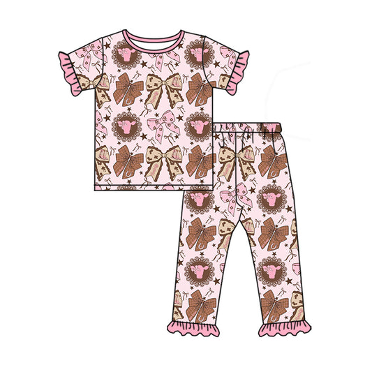 (Pre Order) No moq Pre-order baby girl clothes bow short sleeve pants sets-2025.12.5