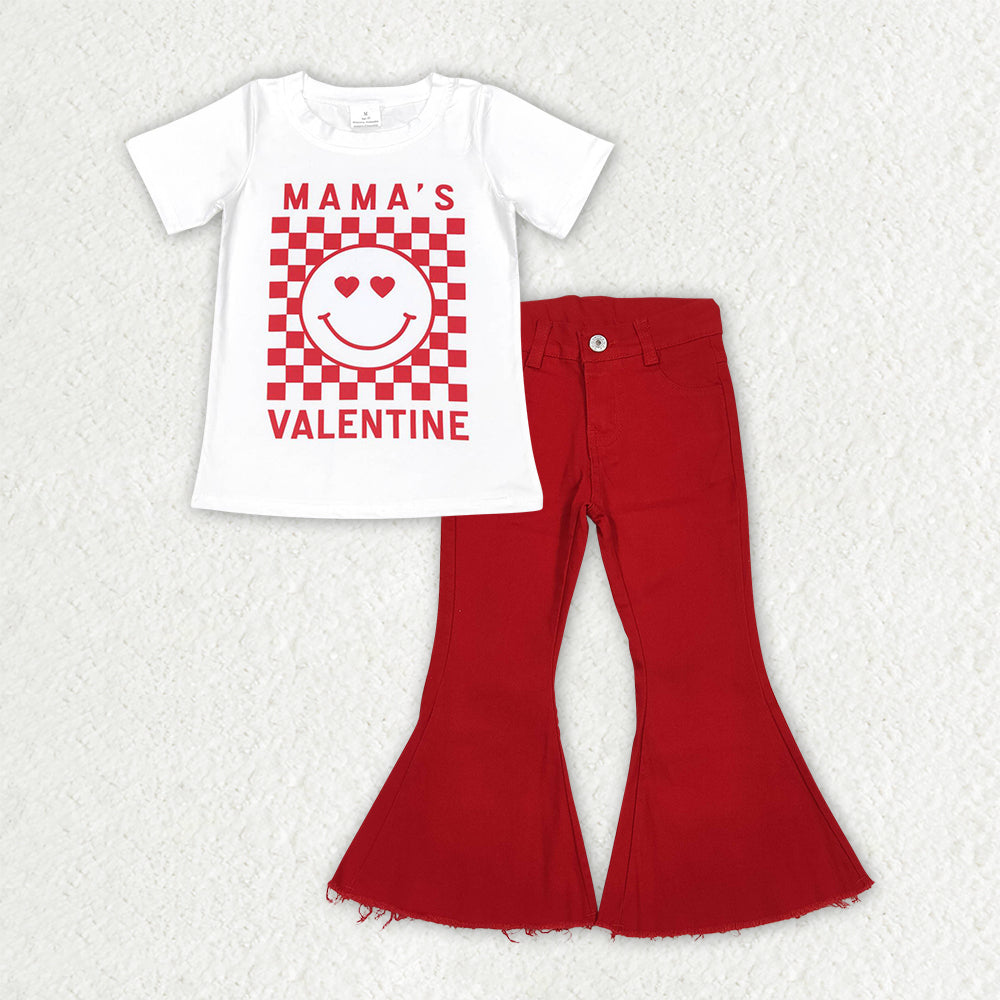 RTS NO MOQ（In Stock) Mama's Valentine Letter Smiley Face Red Plaid White Short-Sleeved Top Jeans set-GSPO2245
