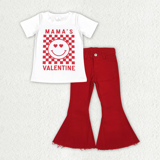 RTS NO MOQ（In Stock) Mama's Valentine Letter Smiley Face Red Plaid White Short-Sleeved Top Jeans set-GSPO2245