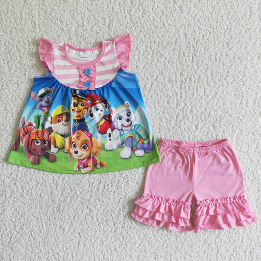 GSSO0010 Cute Puppy Pink Striped Fly Sleeve Top and Shorts Set