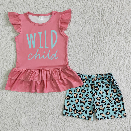 rts no moq GSSO0036 Girls Pink Flying Sleeve Letters Leopard Print Blue Short Sleeve Shorts Suit