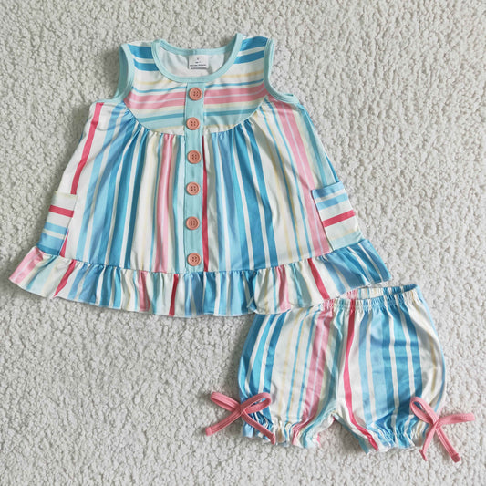 GSSO0045 Girls Sleeveless Colorful Striped Pocket Button Bow Short Sleeve Shorts Set